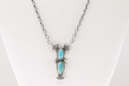 Native America Navajo Sterling Silver Turquoise Necklace By Verley Betone.