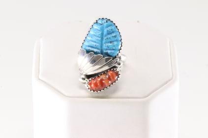 Native America Zuni Sterling Silver Coral & Turquoise Ring By Lyolita Tsattie.