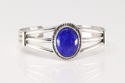 Native America Navajo Sterling Silver Lapis Stone Bracelet Cuff By Samson Etsitty.