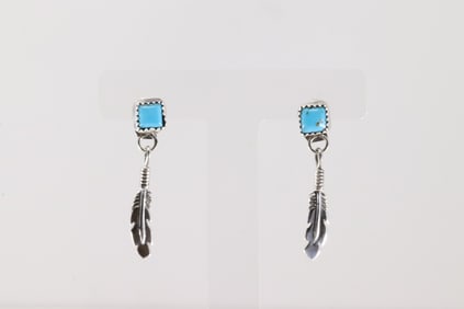 Native America Navajo Sterling Silver Turquoise Post / Dangling Feather Earring's By Jerold Joe.