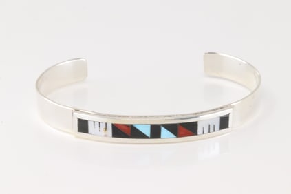Native America Zuni Sterling Silver Multi-Color Stone Inlay Bracelet Cuff By Leander Othole.