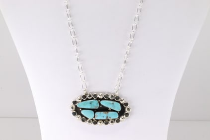 Native America Navajo Sterling Silver Turquoise Necklace By Sadie Jim.