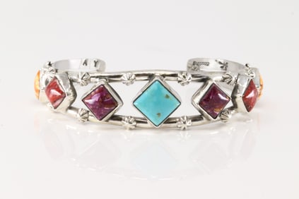 Native America Navajo Sterling Silver Spiny Oyster & Turquoise Bracelet Cuff By A.Y.