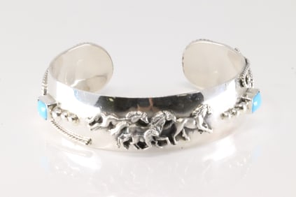 Native America Navajo Sterling Silver Turquoise Horse Bracelet Cuff By Bobby Platero.
