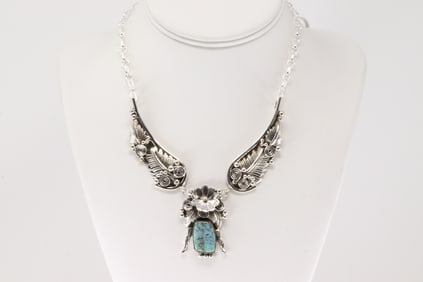 Native America Navajo Sterling Silver Turquoise Necklace By Loretta Delgarito.