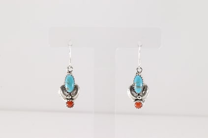 Native America Navajo Sterling Silver Coral & Turquoise Dangling Earring's By Robert Martinez.