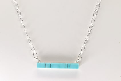 Native America Zuni Sterling Silver Turquoise Inlay Necklace By Maderral Kallestewa.