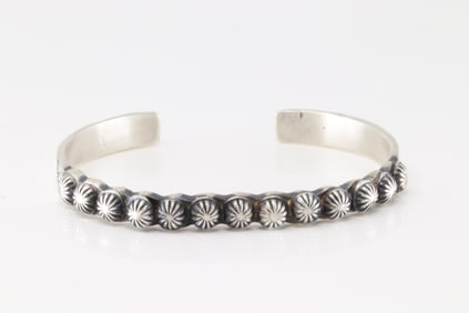 Native America Navajo Sterling Silver Solid Stamped Star Bracelet Cuff By M.C.