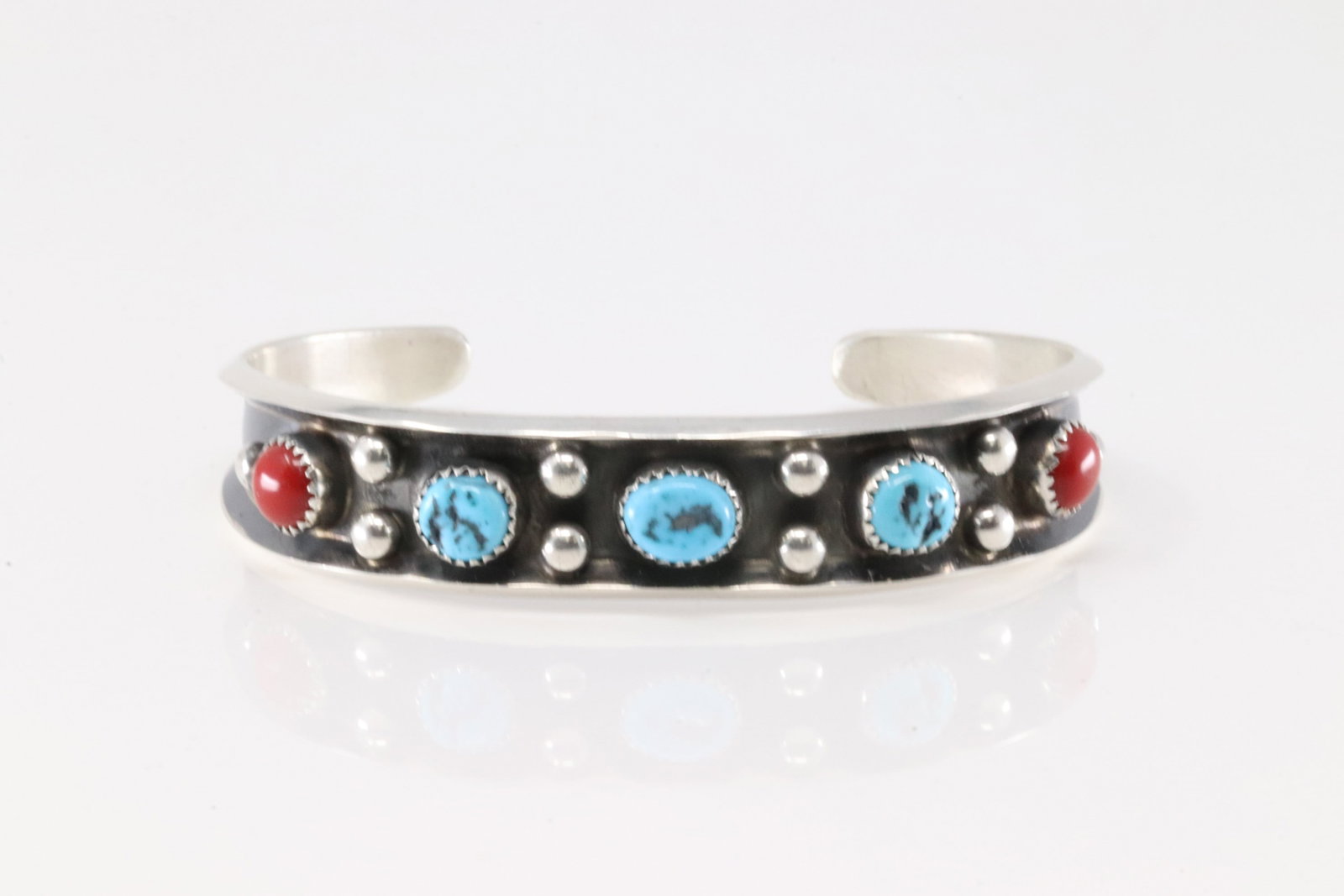 Native American Navajo Sterling Silver Coral & Turquoise Bracelet Cuff By Paul Largo.: This is a Native American Navajo Sterling Silver Coral & Turquoise Bracelet Cuff By Paul Largo.
