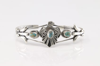 Native American Navajo Sterling Silver Turquoise Thunderbird Bracelet Cuff By Bobby Platero.