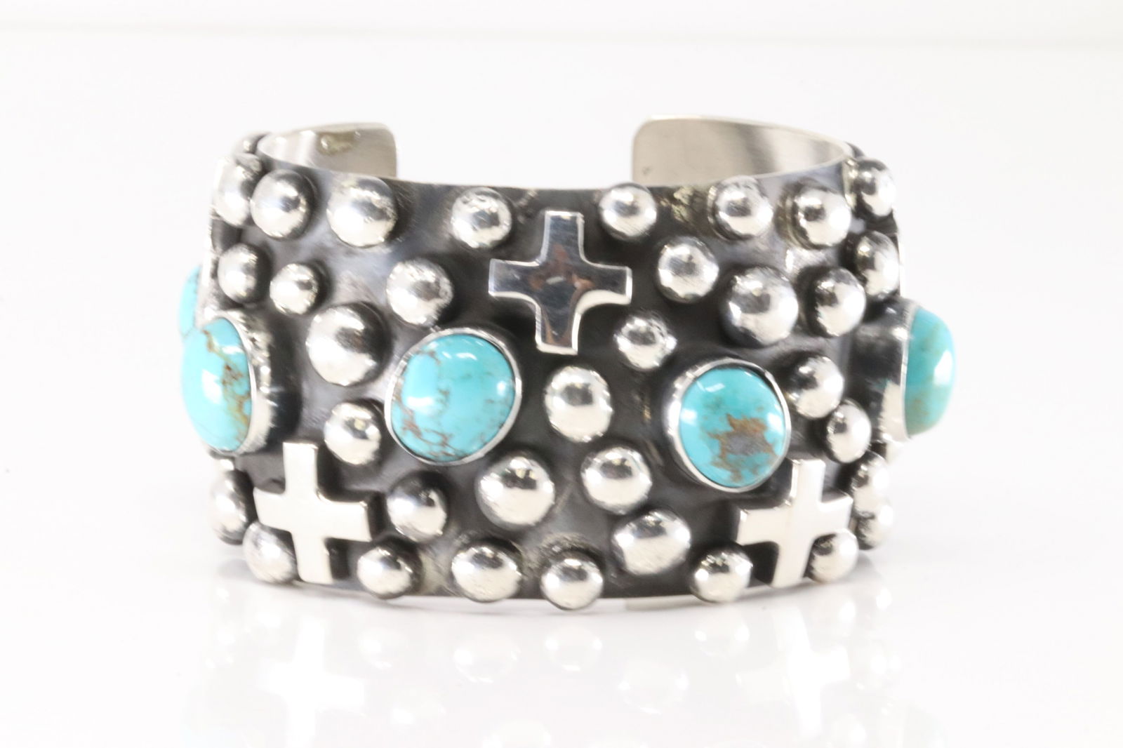 Native America Navajo Sterling Silver Kingman Turquoise Cross Bracelet Cuff By Chimney Butte. (1 of 5)