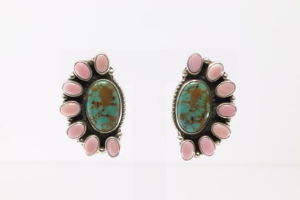 Native America Navajo Sterling Silver Pink Conch Shell & Kingman Turquoise Post Earring's By