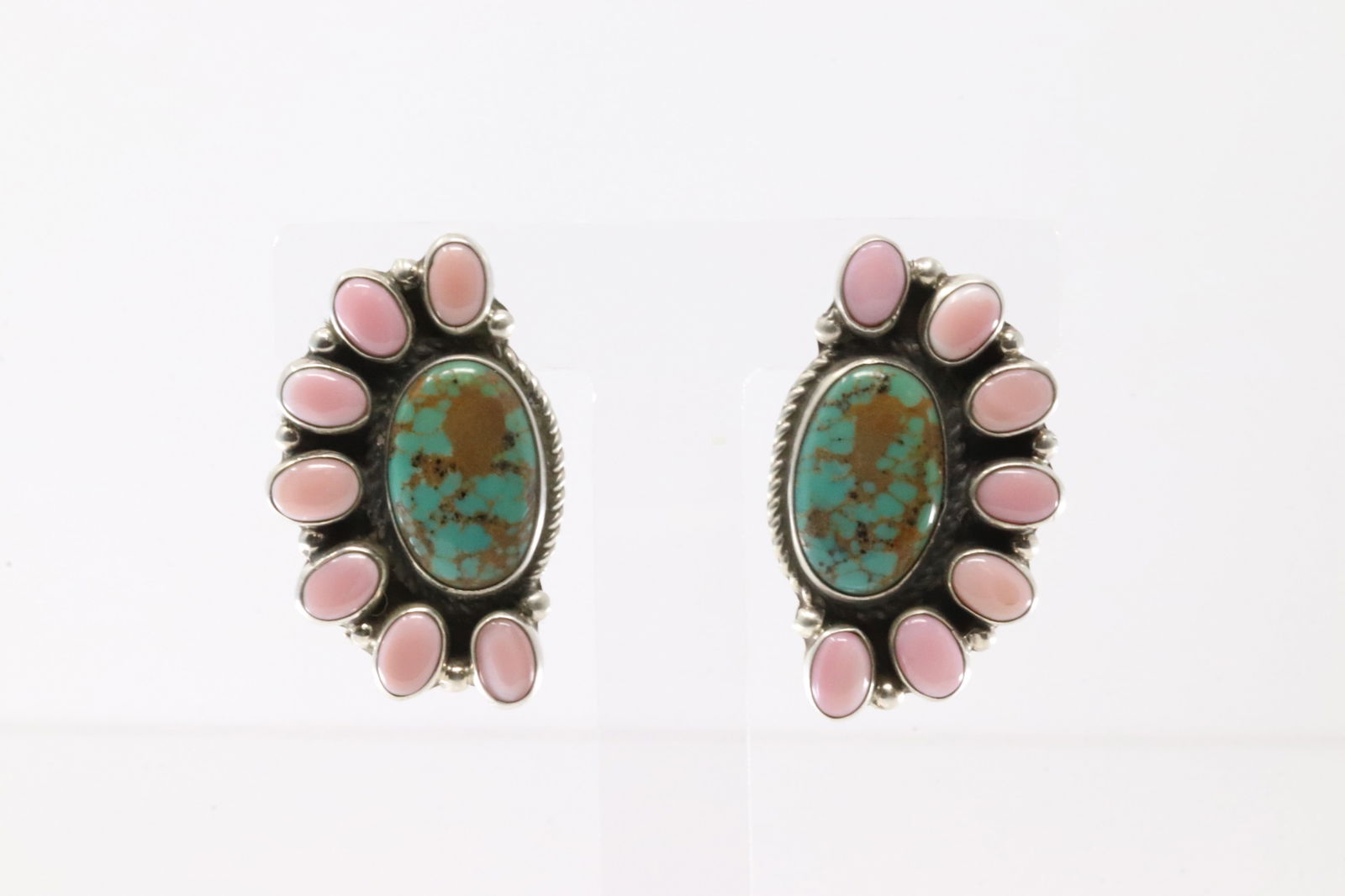 Native America Navajo Sterling Silver Pink Conch Shell & Kingman Turquoise Post Earring's By (1 of 4)
