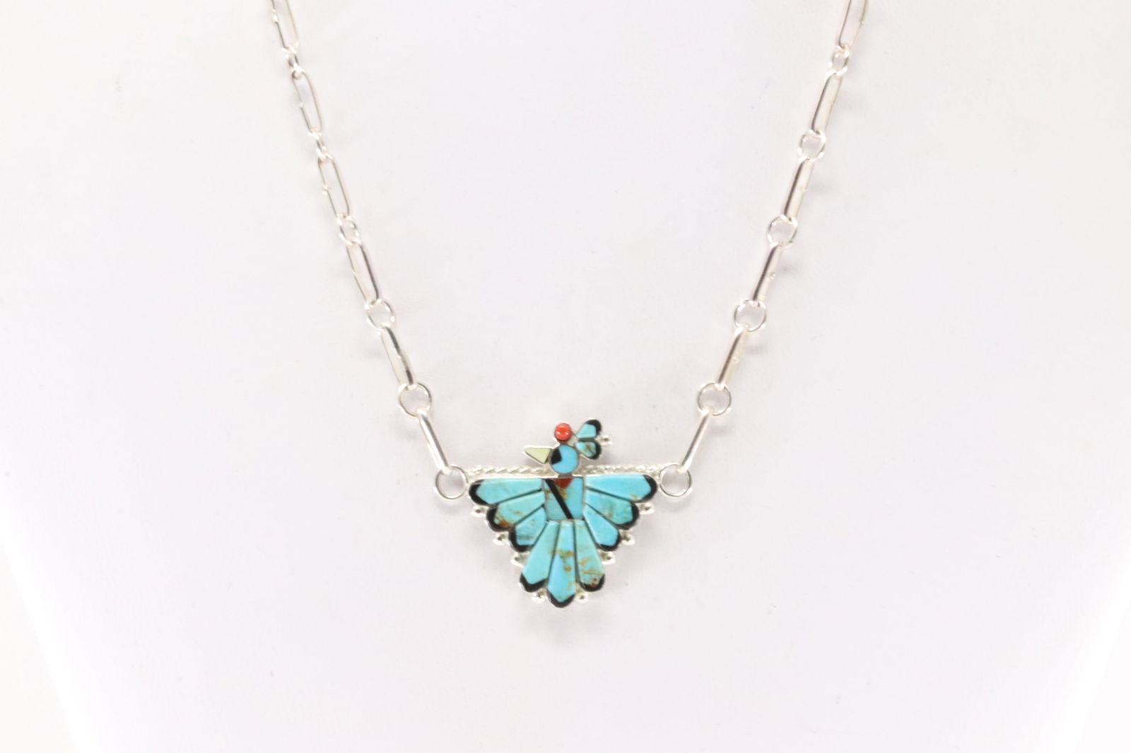 Native America Zuni Sterling Silver Multi-Color Stone Inlay Bird Necklace By Michelle Peina. (1 of 4)