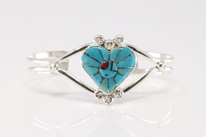 Native American Zuni Sterling Silver Multi-Color Stone Inlay Heart Bracelet Cuff By Ola Eriacho.