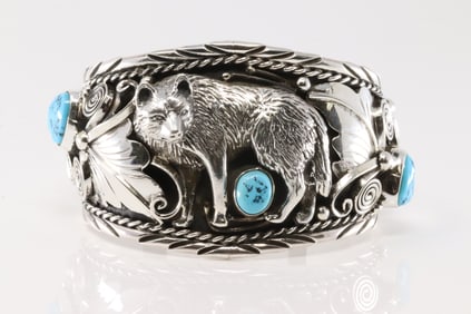Native American Navajo Sterling Silver Turquoise Bracelet Casted Wolf Cuff By Thomas Yazzie.