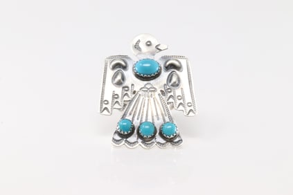 Native America Navajo Sterling Silver Turquoise Thunderbird Ring By Tim Yazzie.
