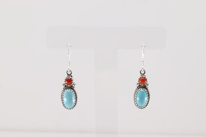 Native American Navajo Sterling Silver Coral & Turquoise Dangling Earring's By Gary Shorty.