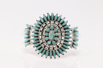 Native American Zuni Sterling Silver Turquoise Needlepoint Bracelet Cuff By Rosemary Tom.