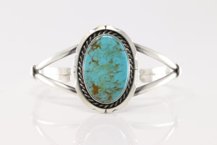 Native America Navajo Sterling Silver Kingman Turquoise Bracelet Cuff By Augustine Largo.