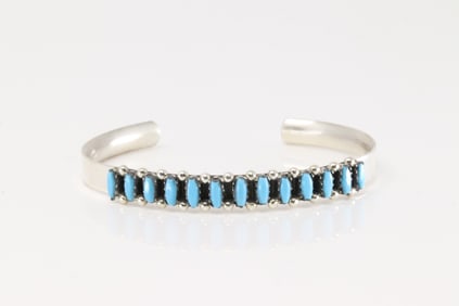 Native America Zuni Sterling Silver Turquoise Bracelet Cuff By V Martza.