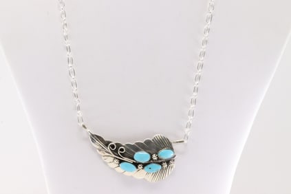Native America Navajo Sterling Silver Turquoise Leaf Necklace By Jimmy Garcia.
