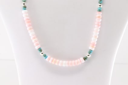 Native America Navajo Sterling Silver Pink Conch Shell & Turquoise Necklace.