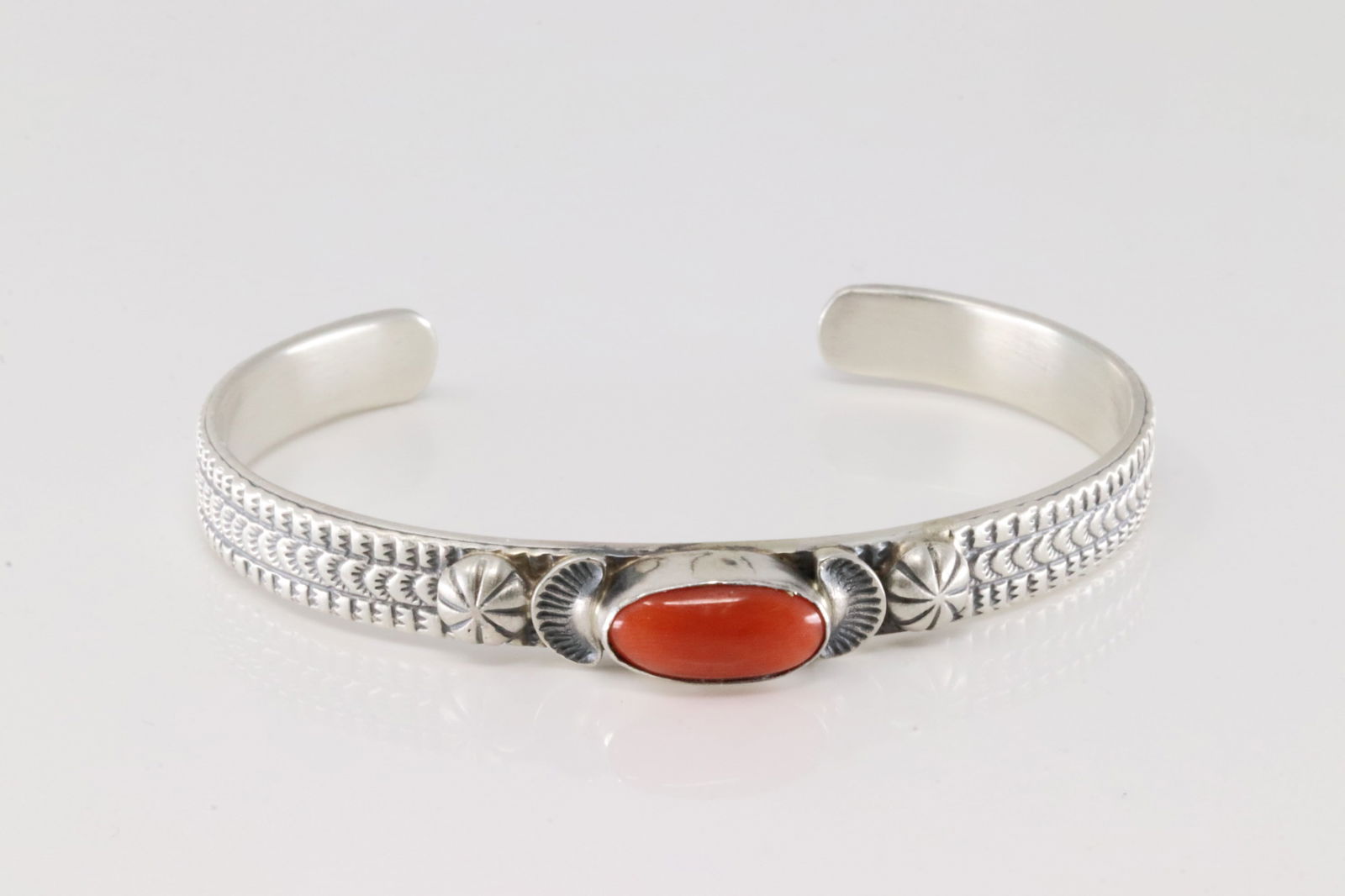Native America Navajo Sterling Silver Coral Bracelet Cuff By M.Spencer.: This is a Native America Navajo Sterling Silver Coral Bracelet Cuff By M.Spencer.