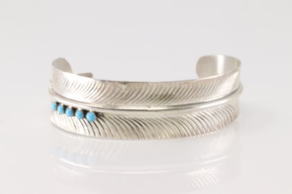 Native America Navajo Sterling Silver Turquoise Feather Bracelet Cuff By Aaron Davis.