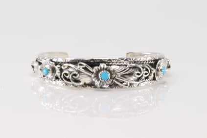 Native America Navajo Sterling Silver Turquoise Bracelet Floral Cuff By B.J.