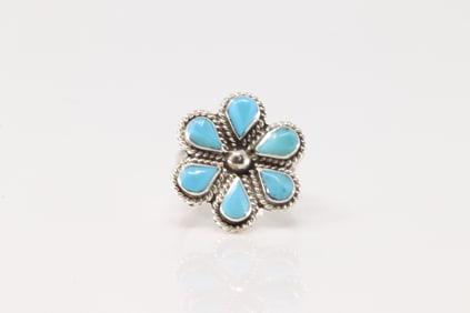 Native American Zuni Sterling Silver Turquoise Flower Ring By C.L.
