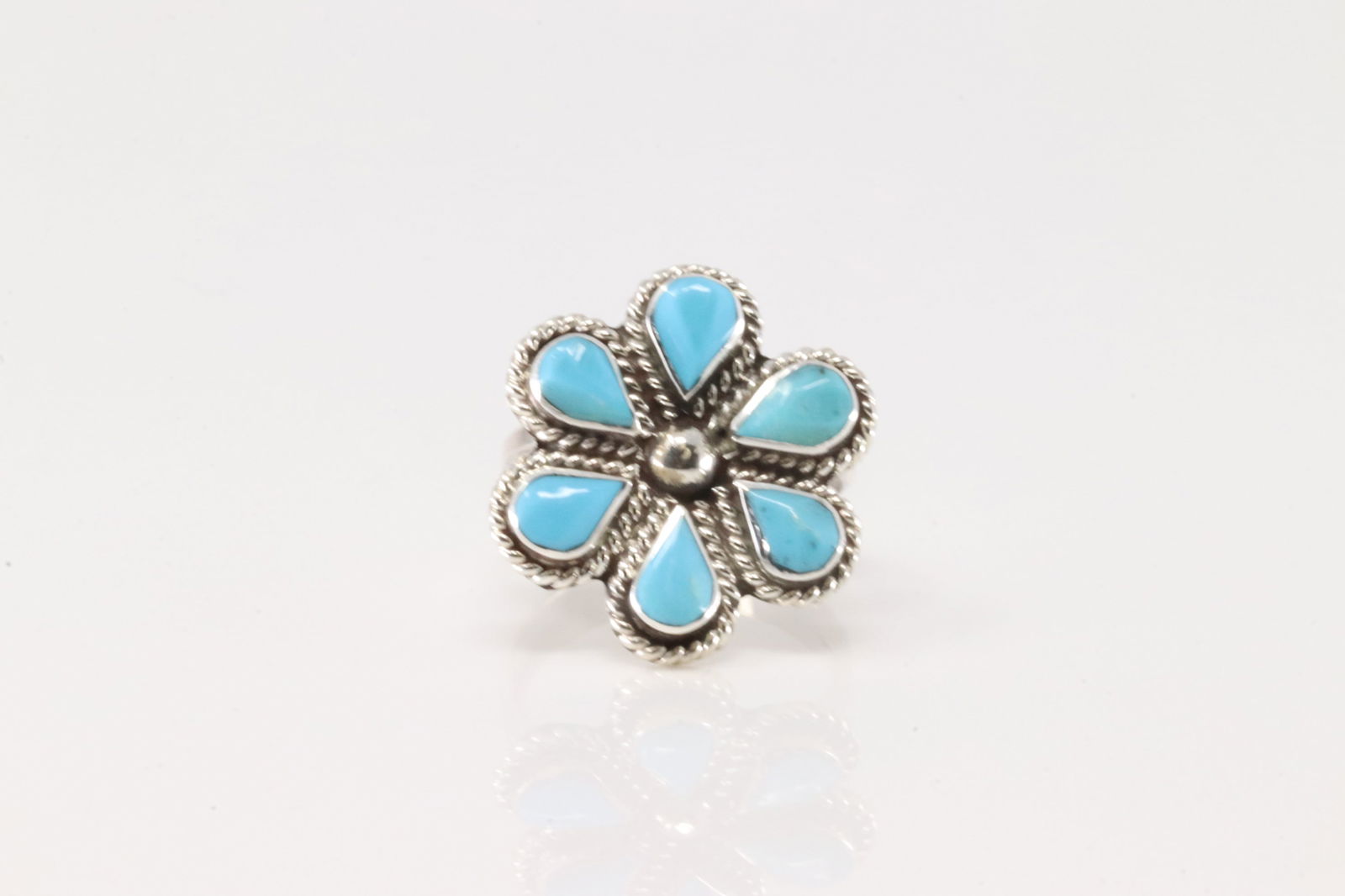 Native American Zuni Sterling Silver Turquoise Flower Ring By C.L. (1 of 4)