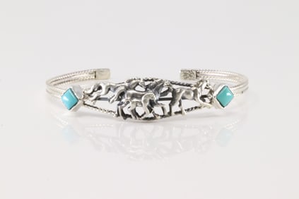 Native America Navajo Sterling Silver Turquoise Horse Bracelet Cuff By Bobby Platero.
