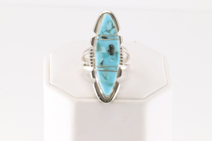 Native America Navajo Sterling Silver Turquoise Inlay Ring By B.E.