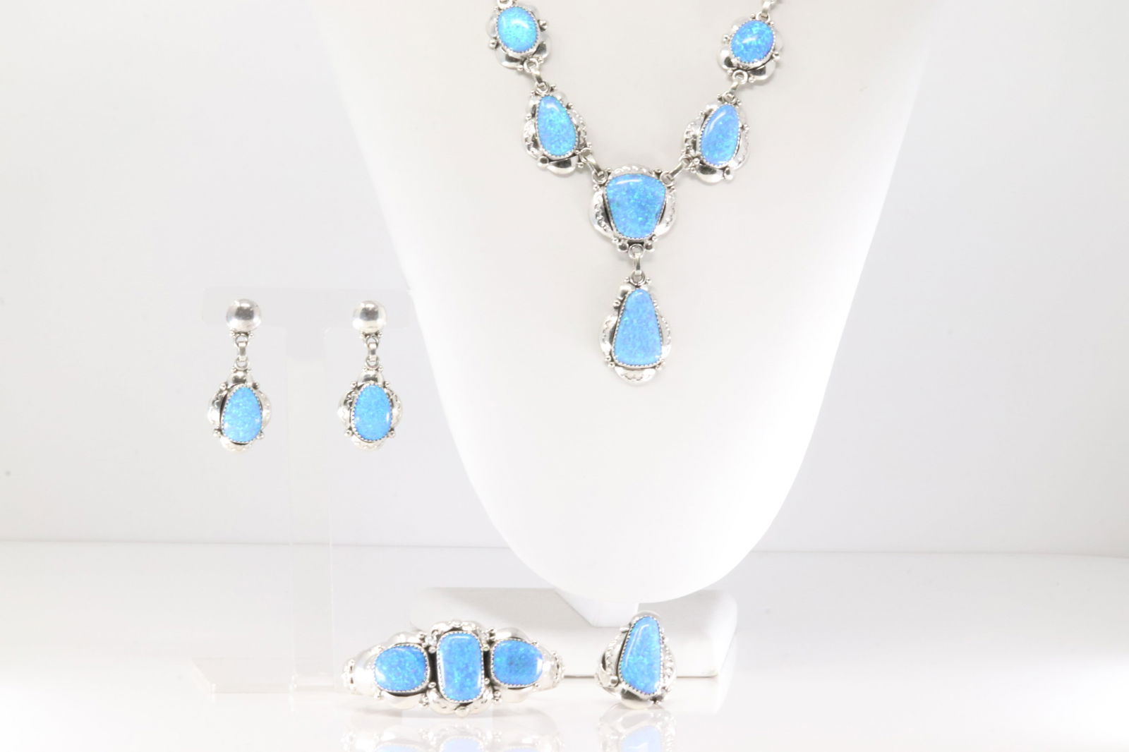 Native America Navajo Sterling Silver Synthetic Blue Opal Necklace / Earring's / Ring & Bracelet (1 of 8)