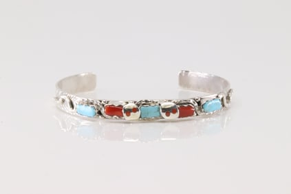 Native America Zuni Sterling Silver Coral & Turquoise Bracelet Cuff By Joy Calavaza.