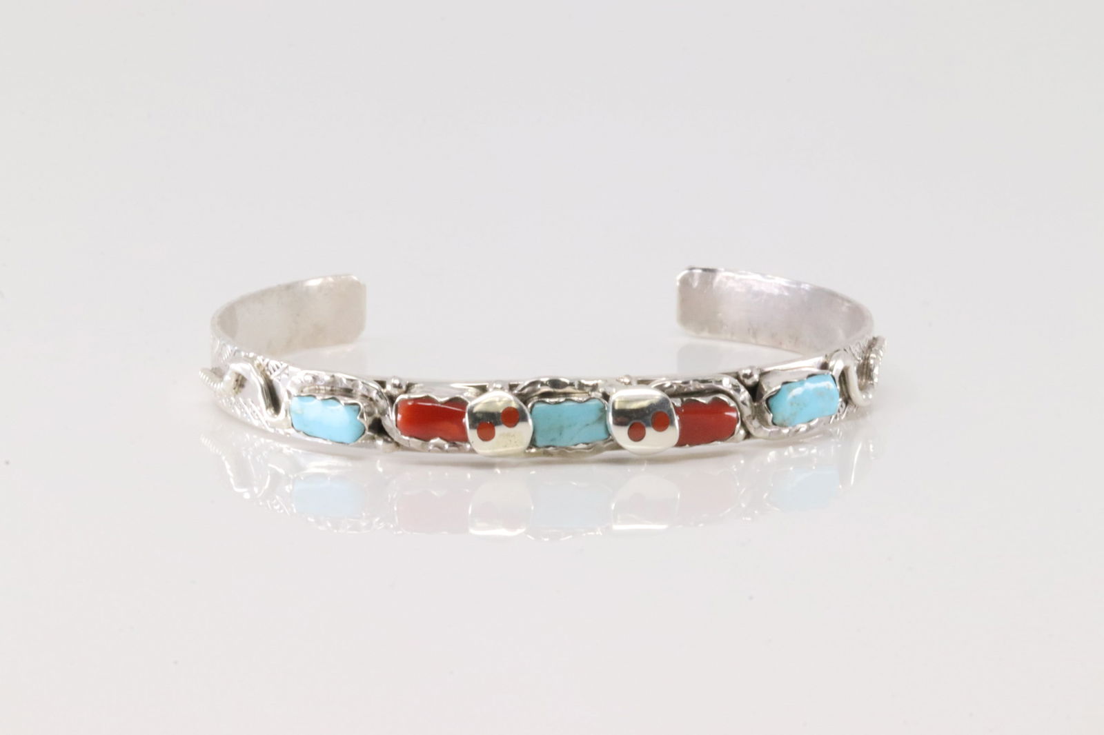 Native America Zuni Sterling Silver Coral & Turquoise Bracelet Cuff By Joy Calavaza.: This is a Native America Zuni Sterling Silver Coral & Turquoise Bracelet Cuff By Joy Calavaza.