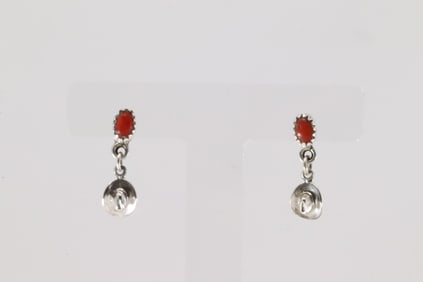 Native America Navajo Sterling Silver Coral Cowboy Hat Post Earring's By Judy Largo.