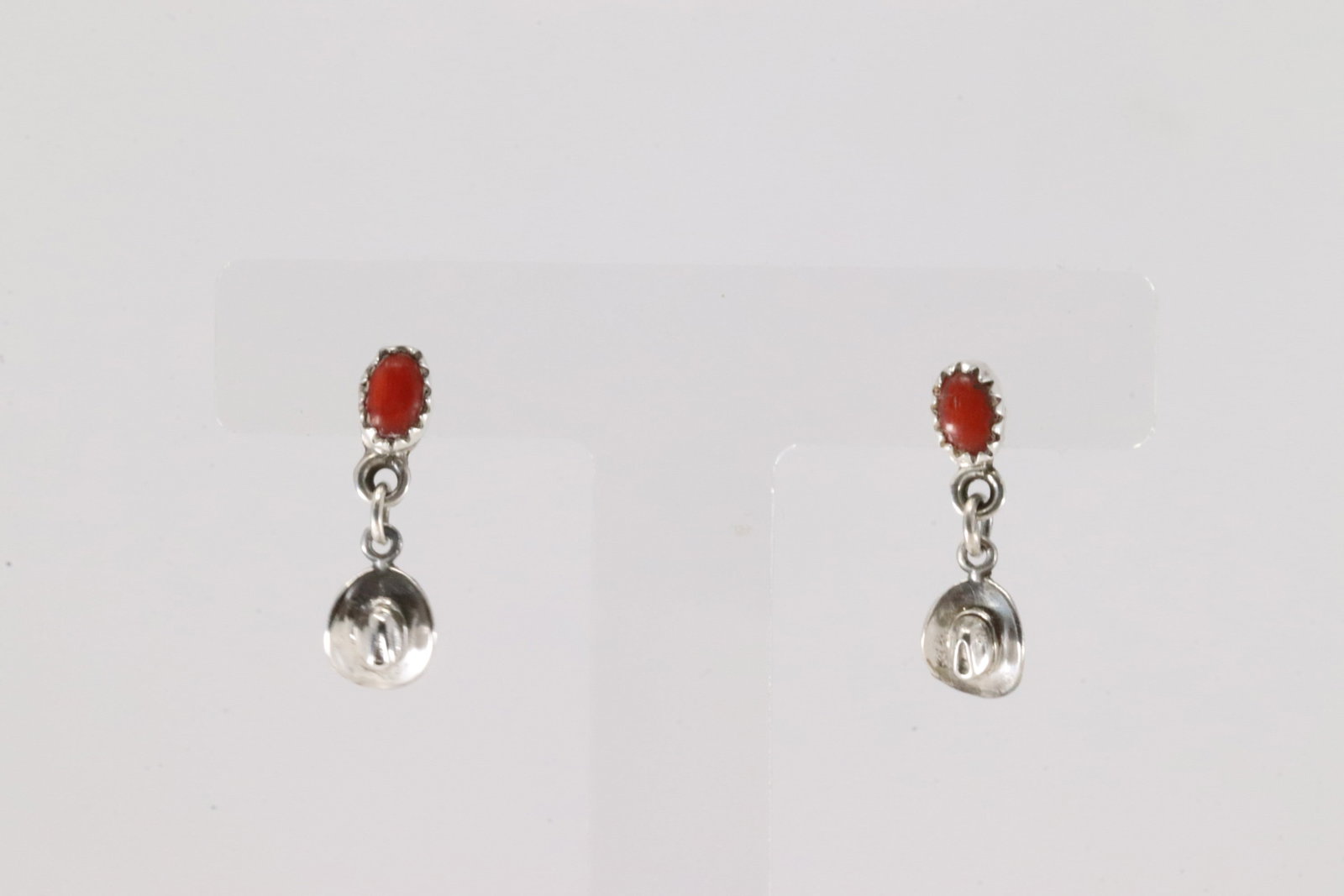 Native America Navajo Sterling Silver Coral Cowboy Hat Post Earring's By Judy Largo.: This is a Native America Navajo Sterling Silver Coral Cowboy Hat Post Earring's By Judy Largo.