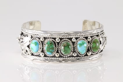 Native America Navajo Sterling Silver Sonora Gold Turquoise Bracelet Cuff By Tom Lewis.