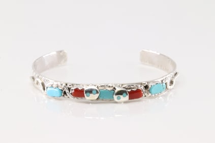 Native American Zuni Sterling Silver Coral & Turquoise Bracelet Cuff By Joy Calavaza.