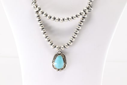 Native American Navajo Sterling Silver Double Strand Turquoise Necklace By Lucinda Sardo.