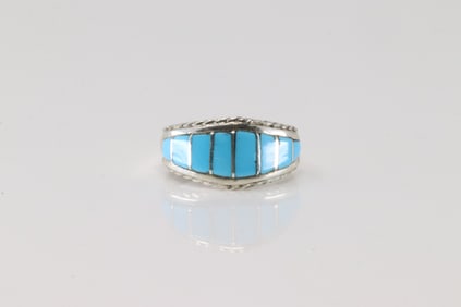 Native American Navajo Sterling Silver Turquoise Inlay Ring By M.P.