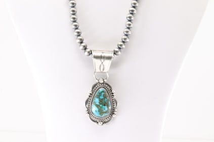 Native American Navajo Sterling Silver Kingman Turquoise Necklace By Tom Lewis.