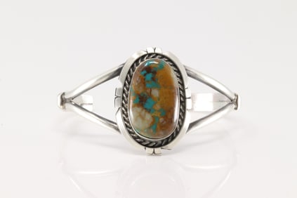 Native American Navajo Sterling Silver Royston Ribbon Turquoise Bracelet Cuff By Augustine Largo.