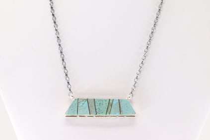 Native America Navajo Sterling Silver Number 8 Turquoise Inlay Necklace By Brandon Etcitty.