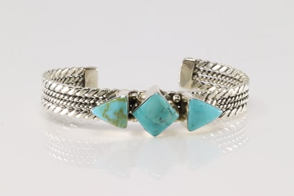 Native America Navajo Sterling Silver Turquoise Bracelet Cuff By Mike Smith.