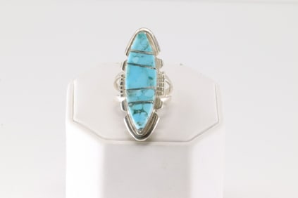 Native America Navajo Sterling Silver Turquoise Inlay Ring By B.E.