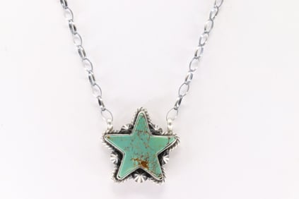 Native America Navajo Sterling Silver Kingman Turquoise Star Necklace By Donovan Skeets.