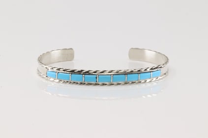 Native America Zuni Sterling Silver Turquoise Inlay Bracelet Cuff By J.P.C.